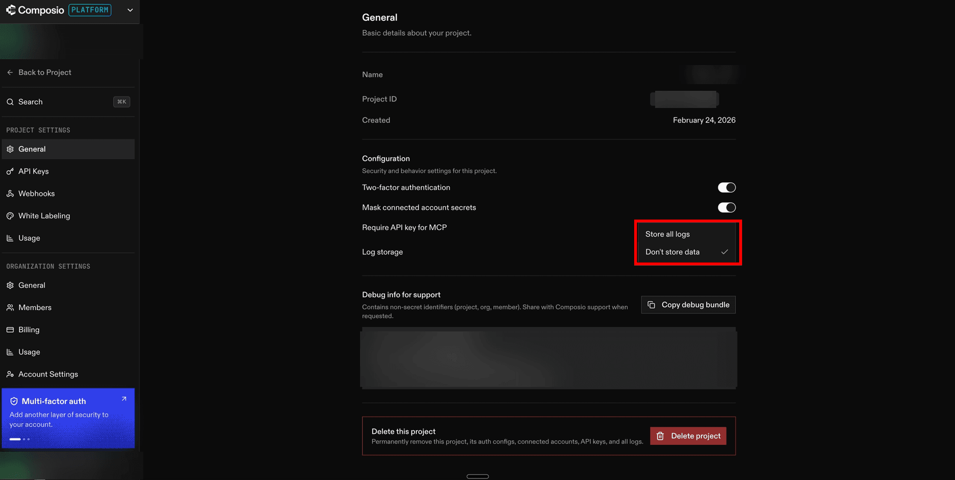 Log storage set to "Don't store data" in Project Settings, General