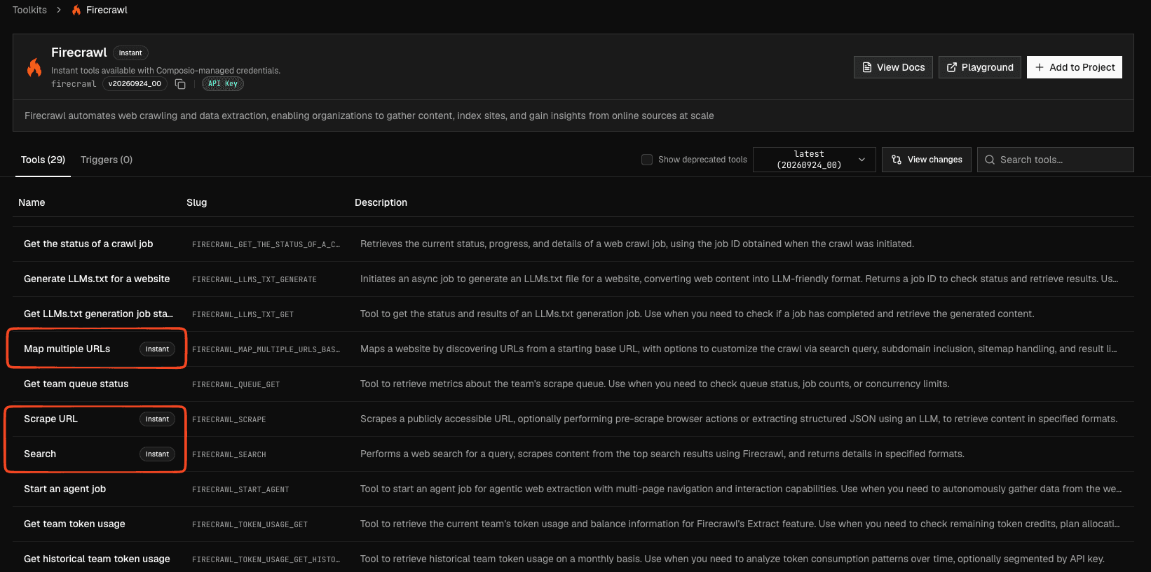 Firecrawl toolkit page with Instant badges on Map multiple URLs, Scrape URL, and Search, but not on other tools
