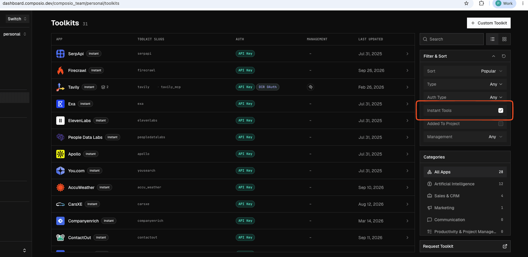 Toolkits dashboard with the instant tools filter selected and Instant badges on matching toolkits