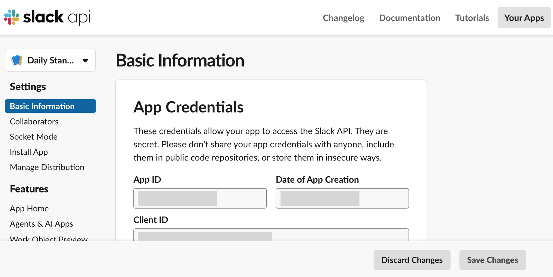 The app's Client ID and Secret under Basic Information