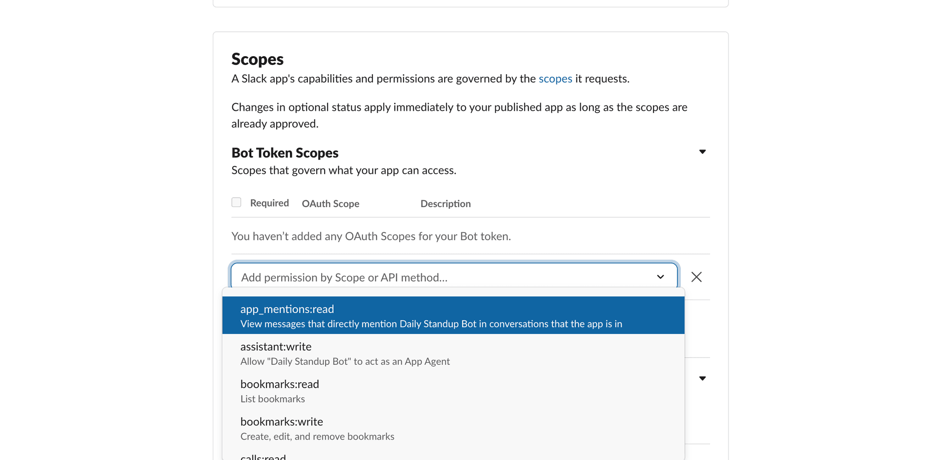 Adding bot token scopes under OAuth & Permissions