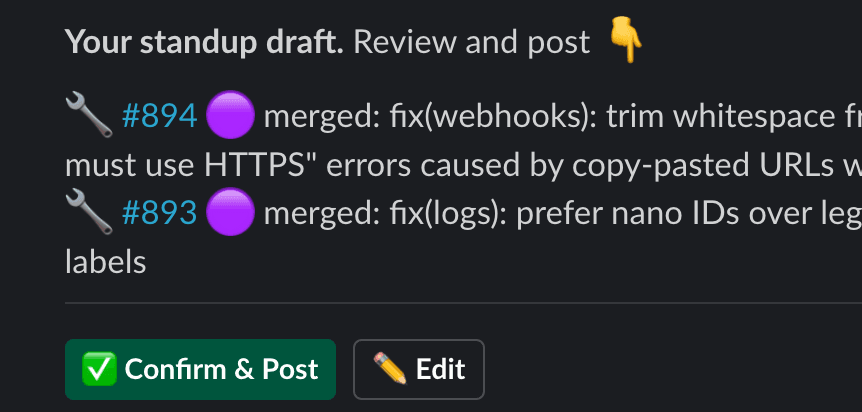 A generated standup draft in Slack