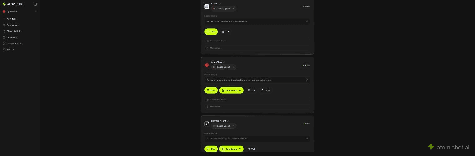 Three agents listed in one Atomic Bot account