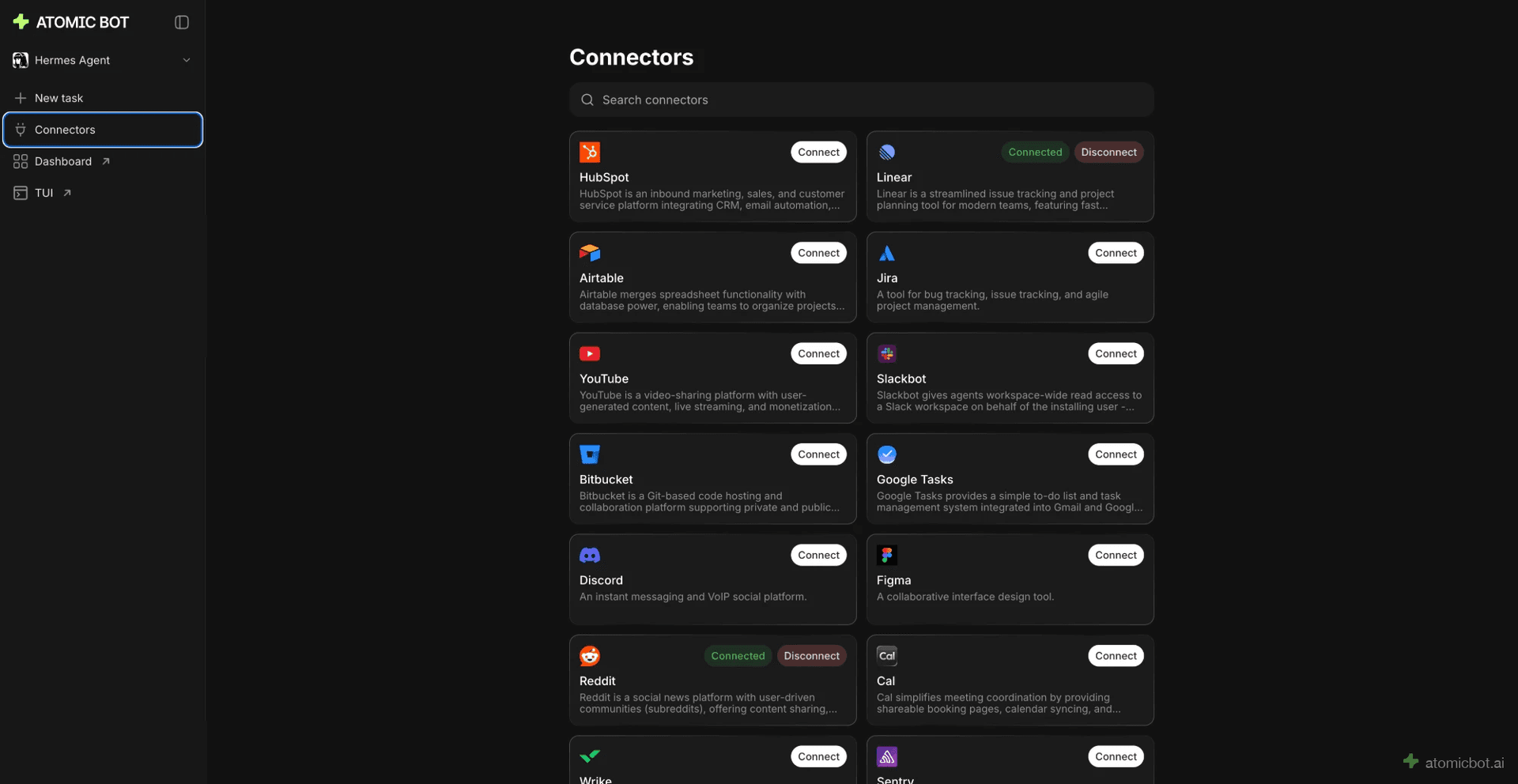The Connectors screen with Linear connected