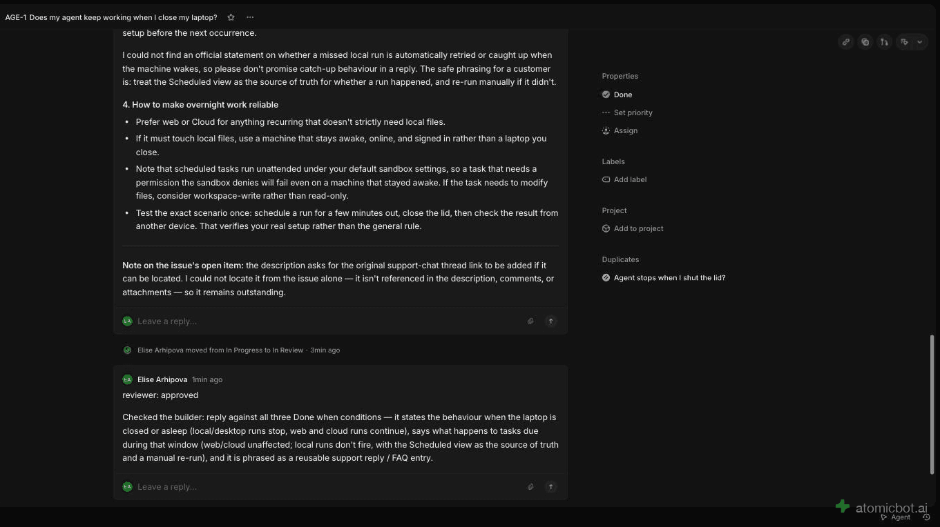 The reviewer comment approving the work, followed by the status change to Done